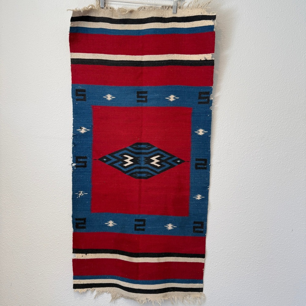 Vintage Southwestern Handwoven Wool Rug Red Blue Geometric Tribal Wall Hanging